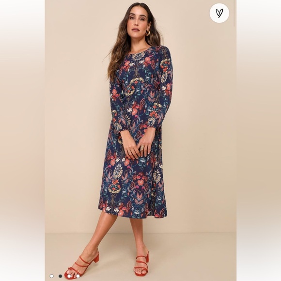 Garden Splendor Navy Blue Floral Print Long Sleeve Midi Dress - Picture 3 of 7
